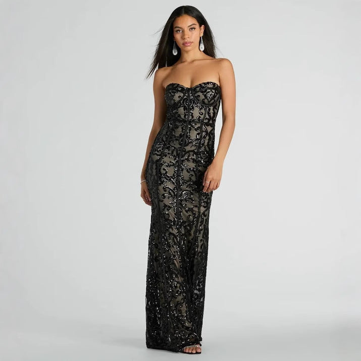 2025 2025 New new women's clothing party sequins sexy socialite dress black tube top dress long dress