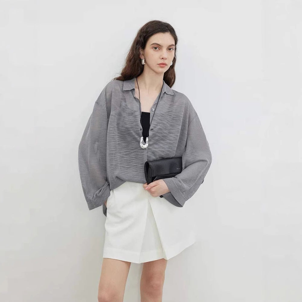 Siyuan, super cool bamboo knuckle hemp texture yarn + simple POLO collar lazy wind silhouette sunscreen shirt women 9018
