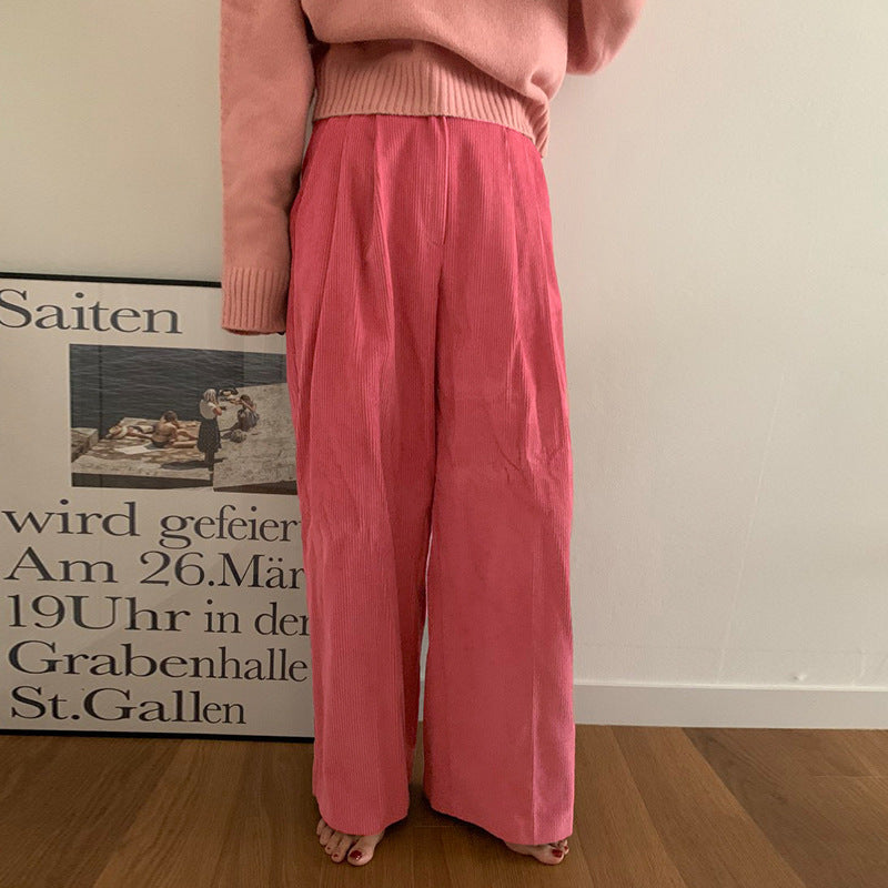Corduroy Wide Leg Pants Women's Spring and Autumn Retro Red Loose Large Size Straight Pants High Waist Bar Velvet Mopping Long Pants