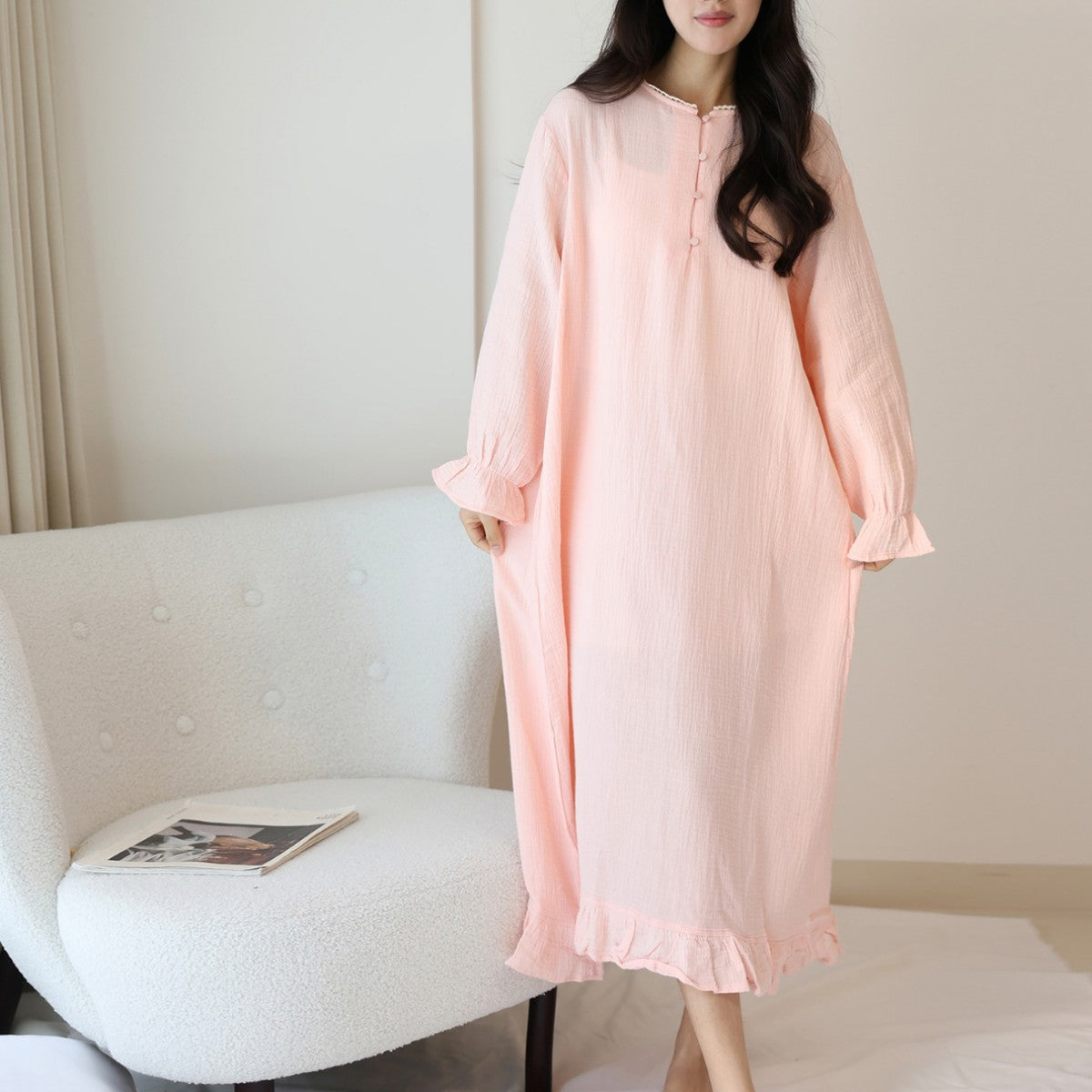 Pure cotton ruffle edge nightdress design sense lace lace splicing neckline sweet long dress lazy style long sleeve loungewear