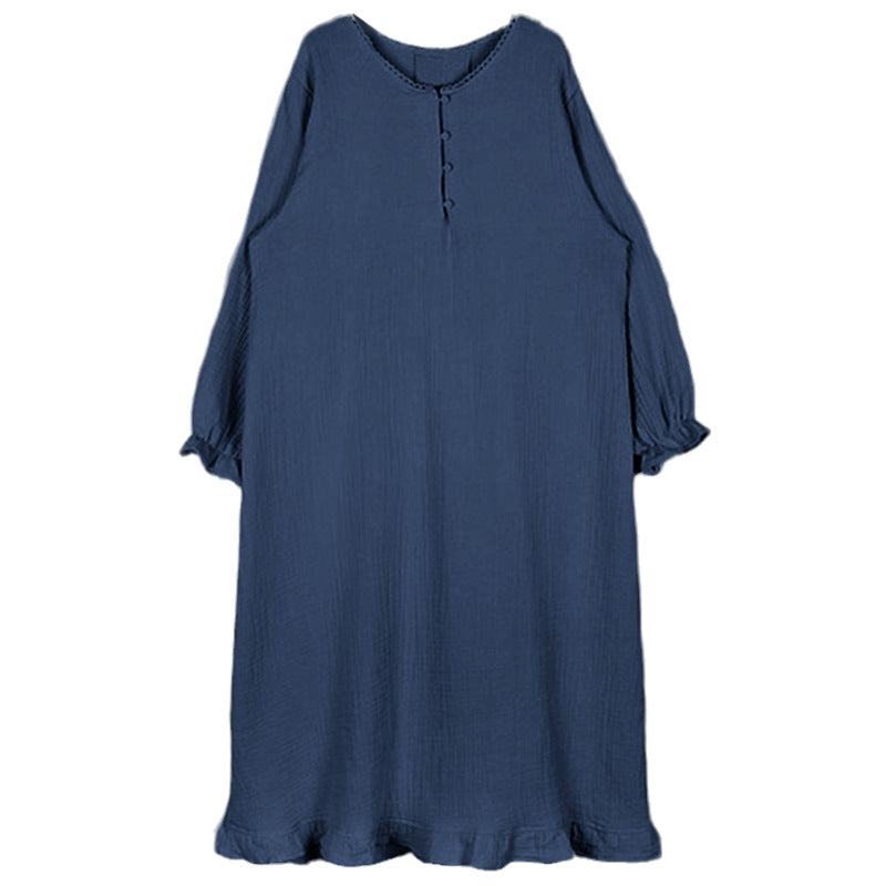 Gentle and lazy ins style, new cotton crepe long dress, sweet girl loose simple pajama dress