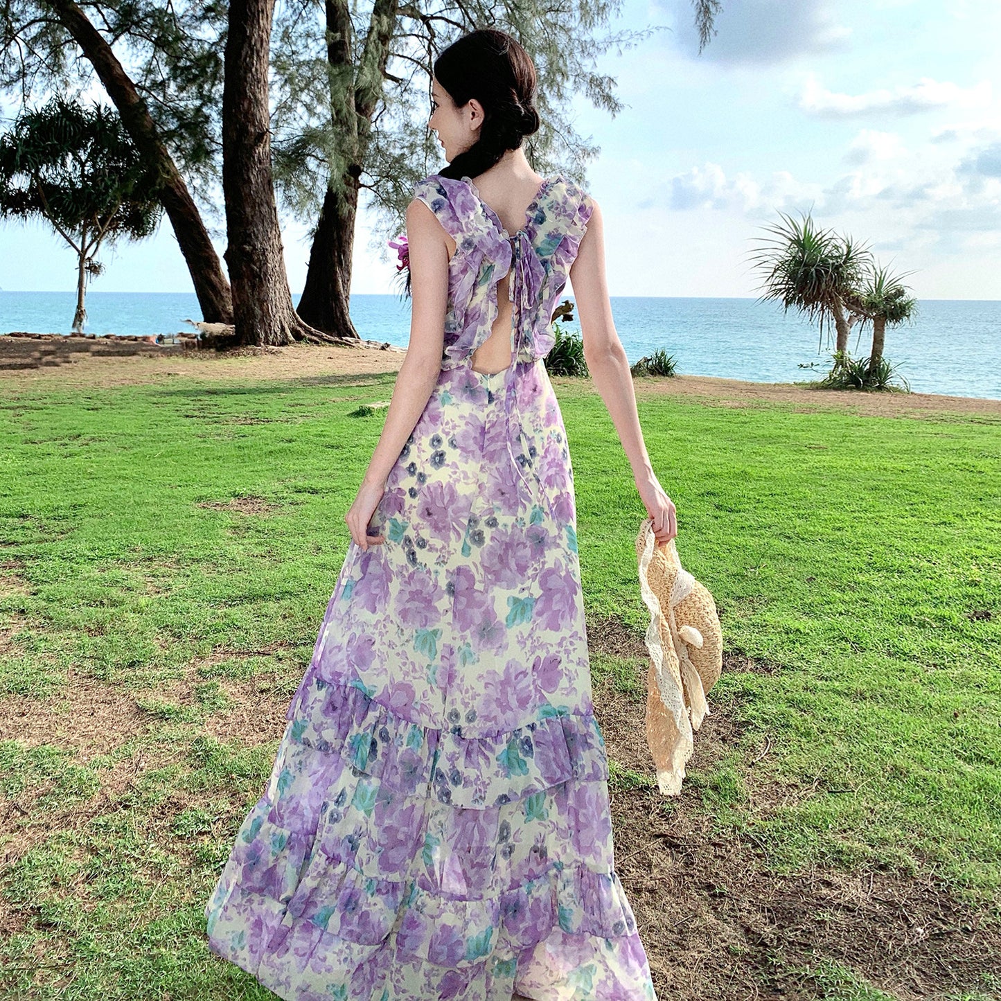2025 coffee break fairy long dress temperament sweet and floral dress female summer lotus leaf edge skirt vacation long dress