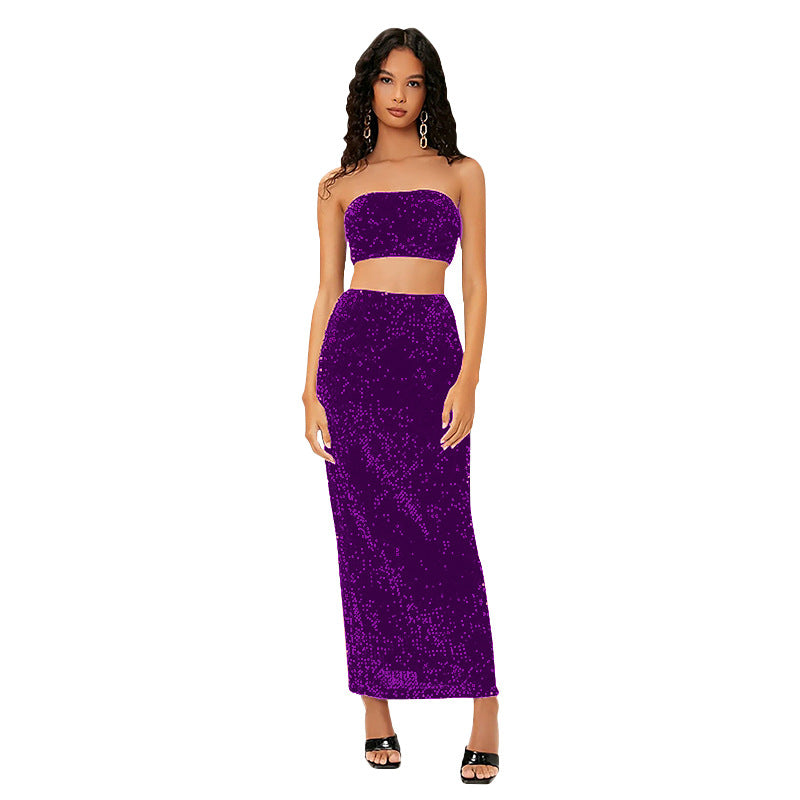 SIXSR 2025 Spice Girls Suit Women's Clothing Tube Top Sequin Suit Skirt Split Fork Fashion Light Ripe Two-piece Suit Women's Wholesale