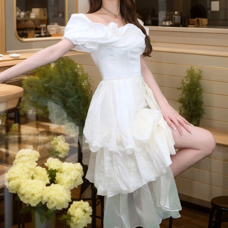 2025 new dress small fresh medium and long bubble sleeves irregular temperament fairy dress Lpopular