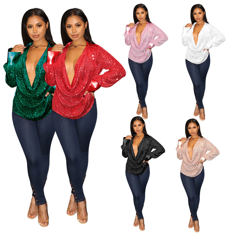 SIXSR INS 2025 New women's clothing deep V-fold loose women's shirt temperament sequined long-sleeved shirt wholesale