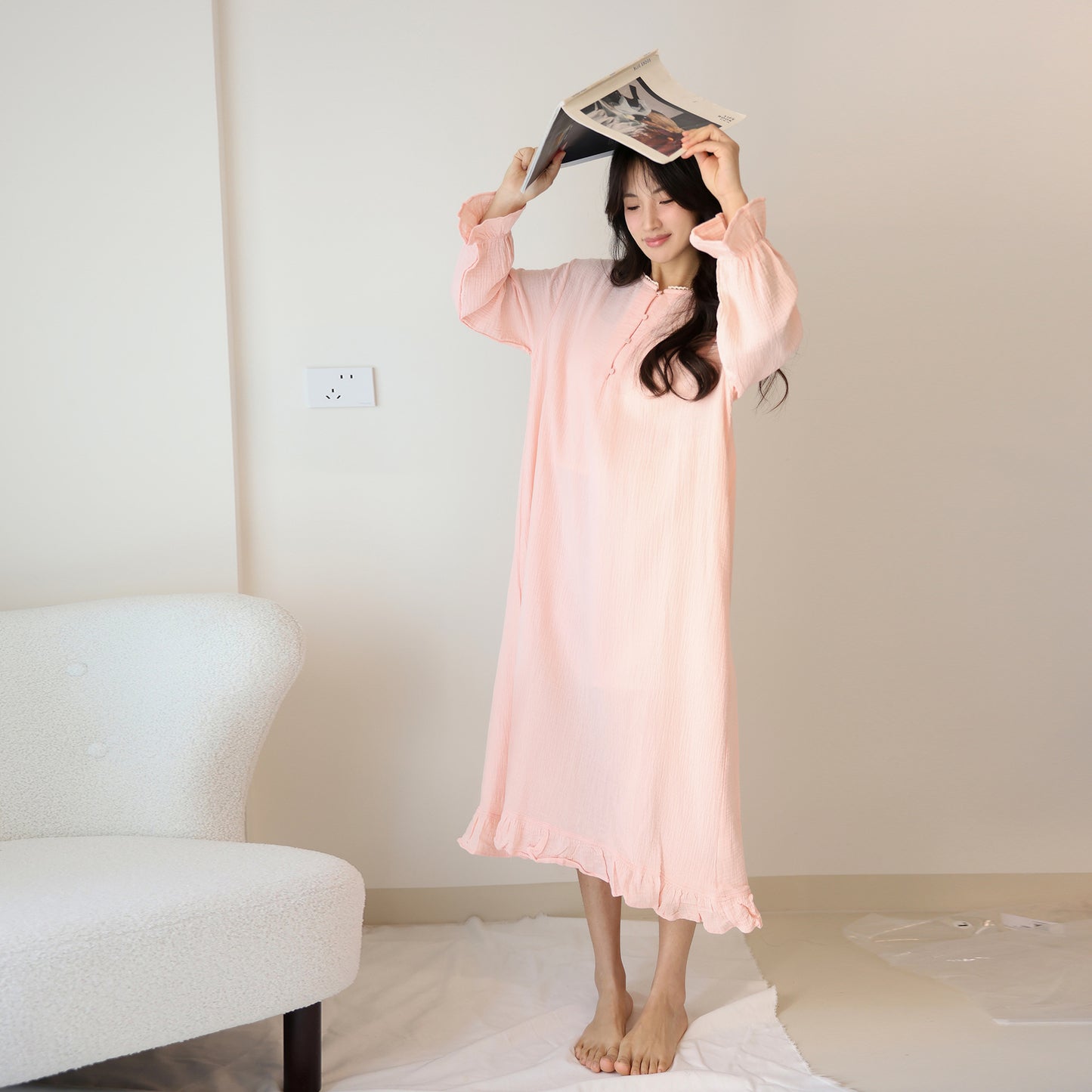 Pure cotton ruffle edge nightdress design sense lace lace splicing neckline sweet long dress lazy style long sleeve loungewear