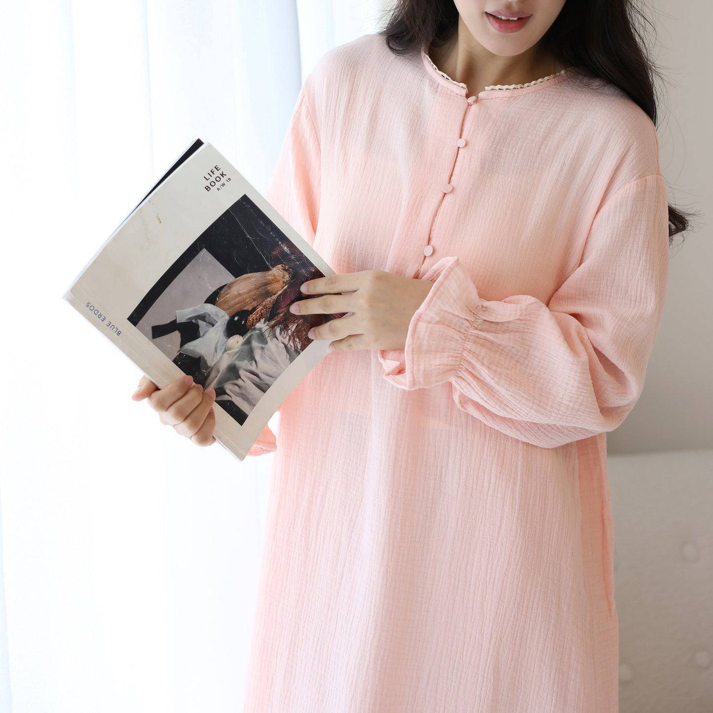 Pure cotton ruffle edge nightdress design sense lace lace splicing neckline sweet long dress lazy style long sleeve loungewear