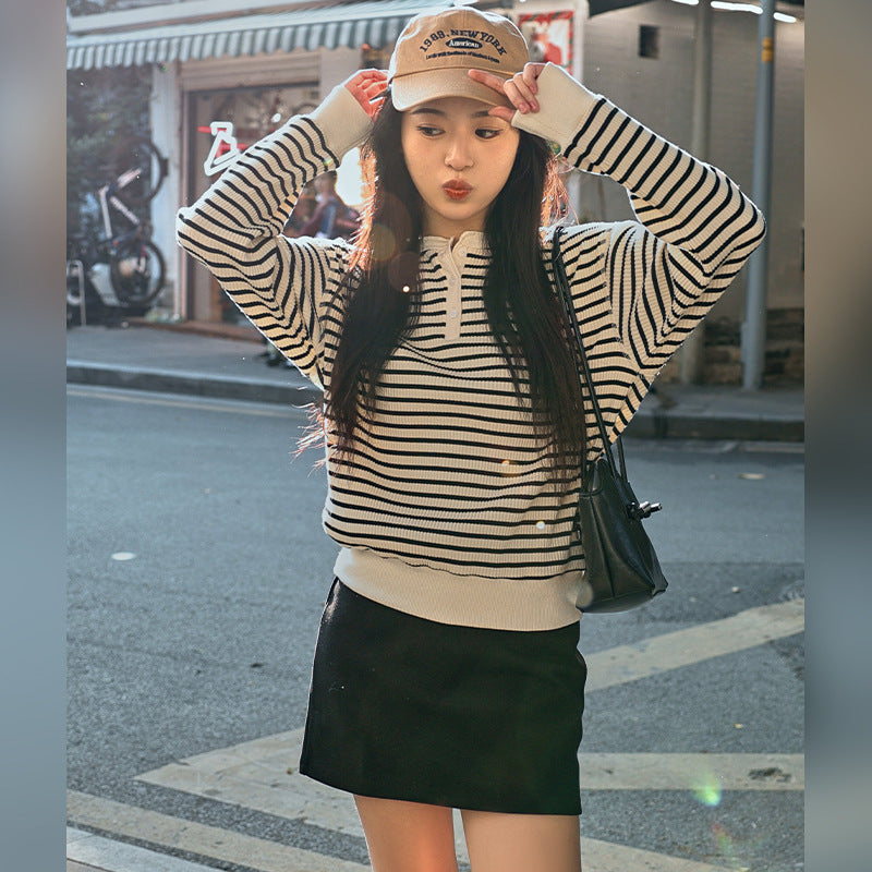 Contrasting striped knitted sweater autumn classic versatile half-open top women's loose and thin crew neck jumper