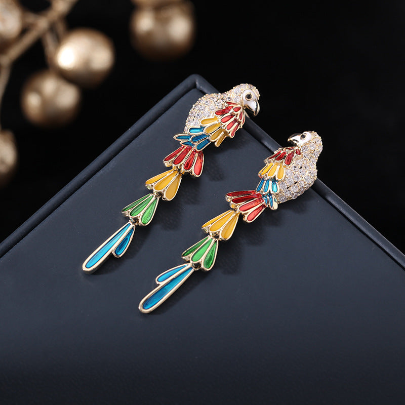 2025 Bohemian ethnic style earrings temperament personality design sense bird long color feathers oil dripping parrot earrings