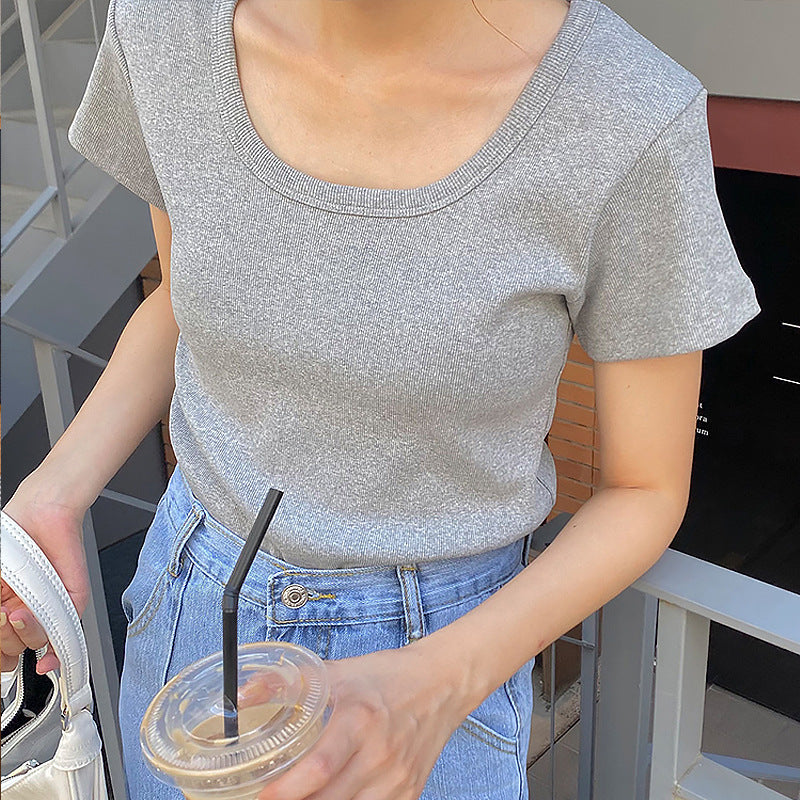 U-neck threaded short-sleeved t-shirt summer new slim and thin versatile pullover Korean version Spice Girl Dopamine top women's clothing