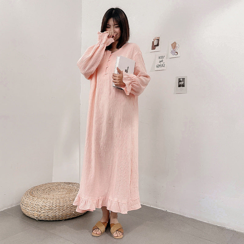 Gentle and lazy ins style, new cotton crepe long dress, sweet girl loose simple pajama dress