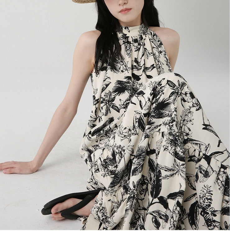 2025 Neck off-the-shoulder long floral dress for women's summer new retro national style ink painting slim long skirt