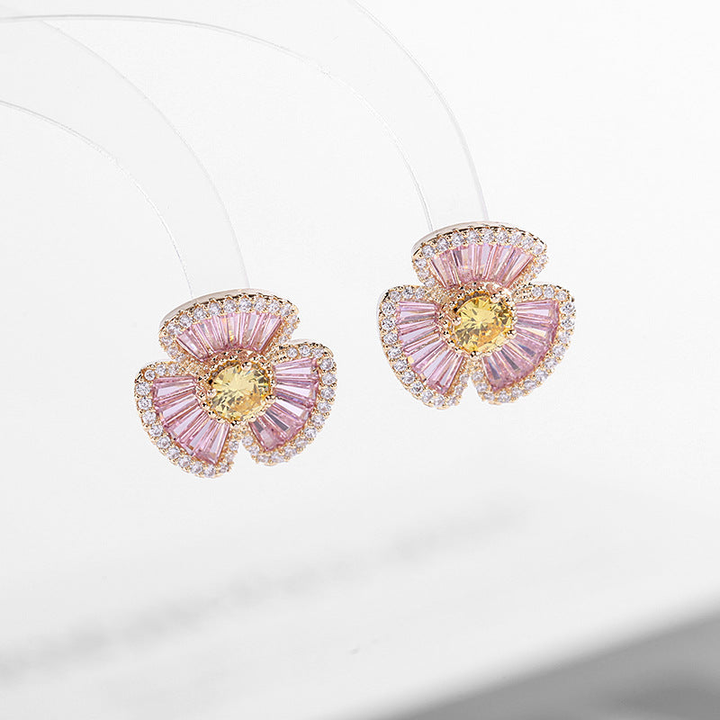 2025 South Korea's new purple zircon micro-inlaid silver needle flower earrings, fresh Mori Internet celebrity temperament stud earrings