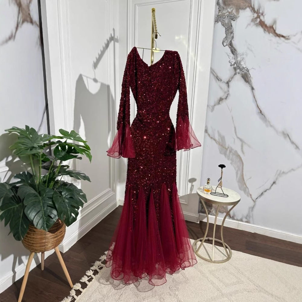 2025 Popular trade women's clothing wholesale South East Asia sequins high-end socialite fishtail dress toast evening dress