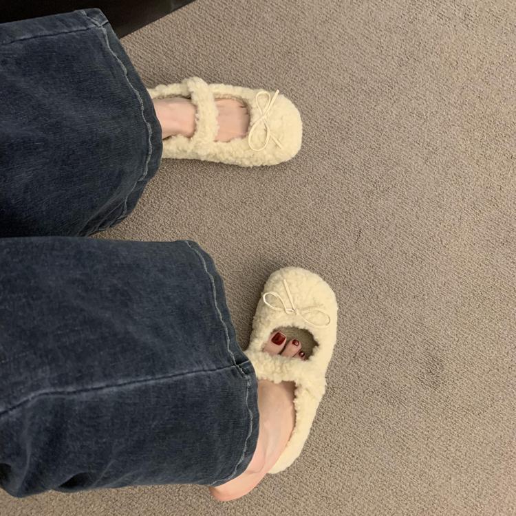 2025 Mao Mao shoes women wear in autumn and winter popular new fairy round head single shoes bow versatile velvet thermal cotton ladyshoes