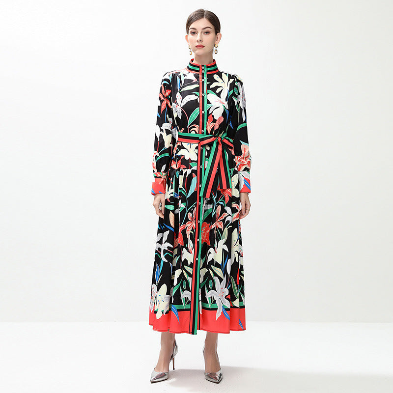 celebrities retro fashion printed stand-up collar single-breasted dress women's waist temperament big pendulum long skirt