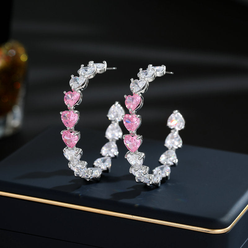 2025 Sweet and cool style light luxury high-end earrings super flash peach heart zircon inlaid large circle stud earrings love shape C circle earrings