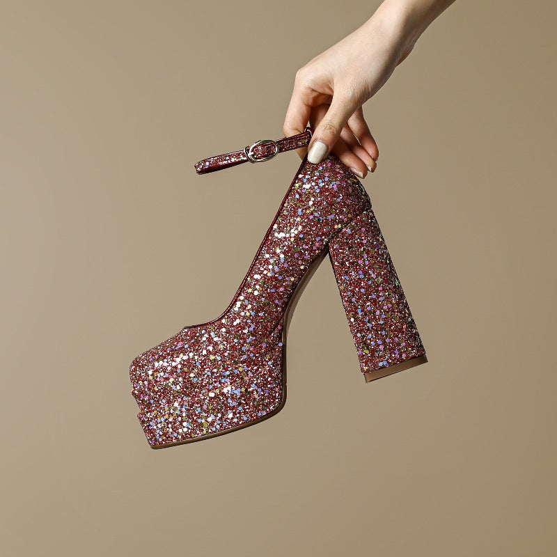 2025 Thick heel waterproof table high heels red wedding shoes wedding dress Xiuhe two wear bridal crystal shoes banquet dress shoes