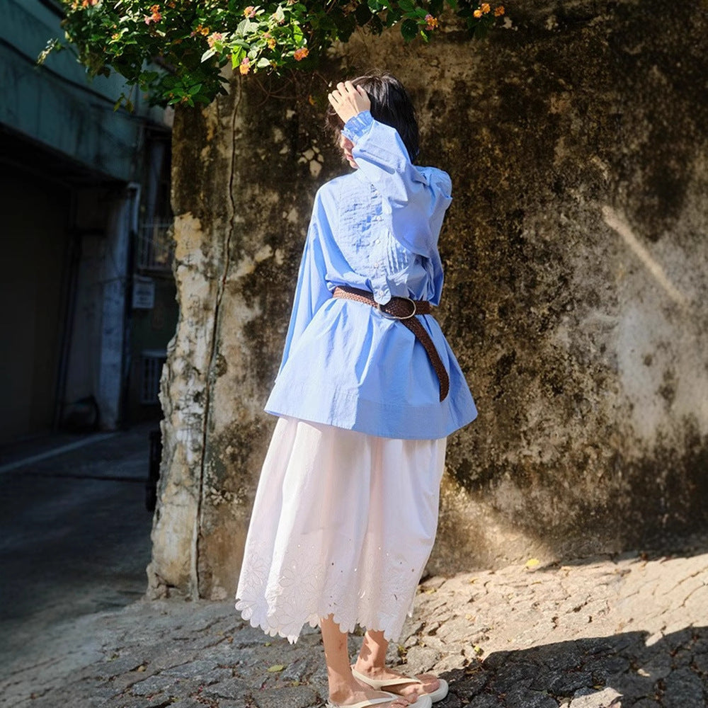 Siyuan, heavy industry hollow embroidery fashionable design sense white A-shaped skirt commuting temperament elegant skirt women