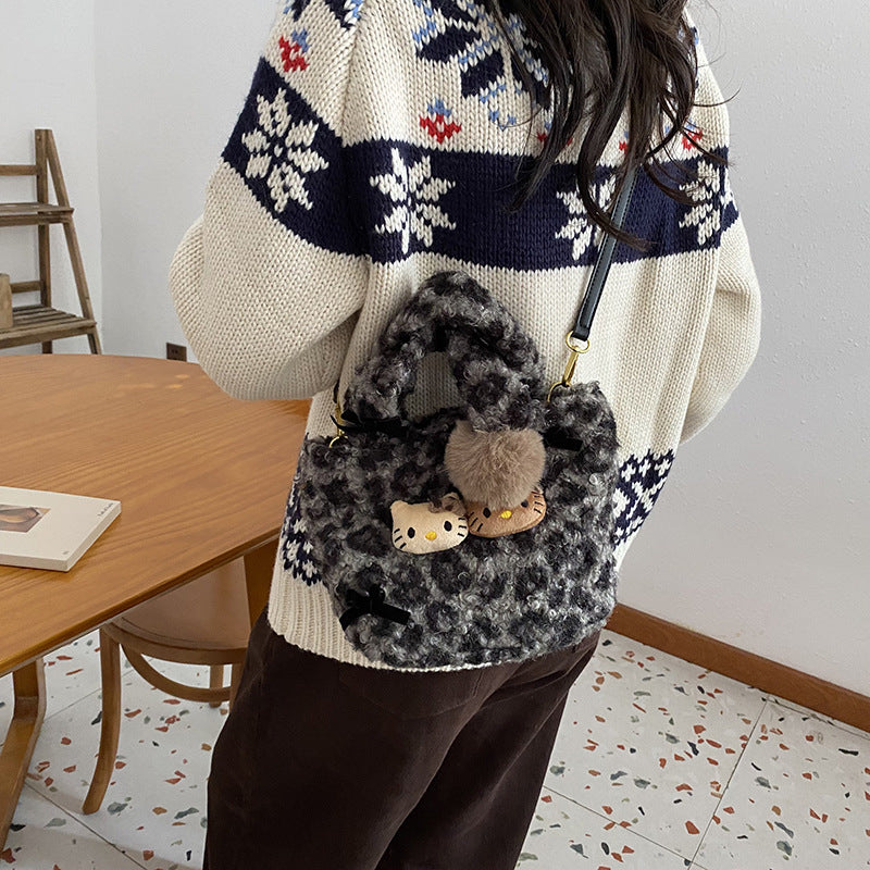 SIXSR 2025 Japanese cute kitten shoulder bag popular new cartoon plush handbag versatile girl fluffy messenger bag woman