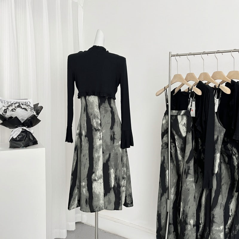 2025 New Chinese suit long dress new high-end ink painting suspender dress children's spring and autumn clothes