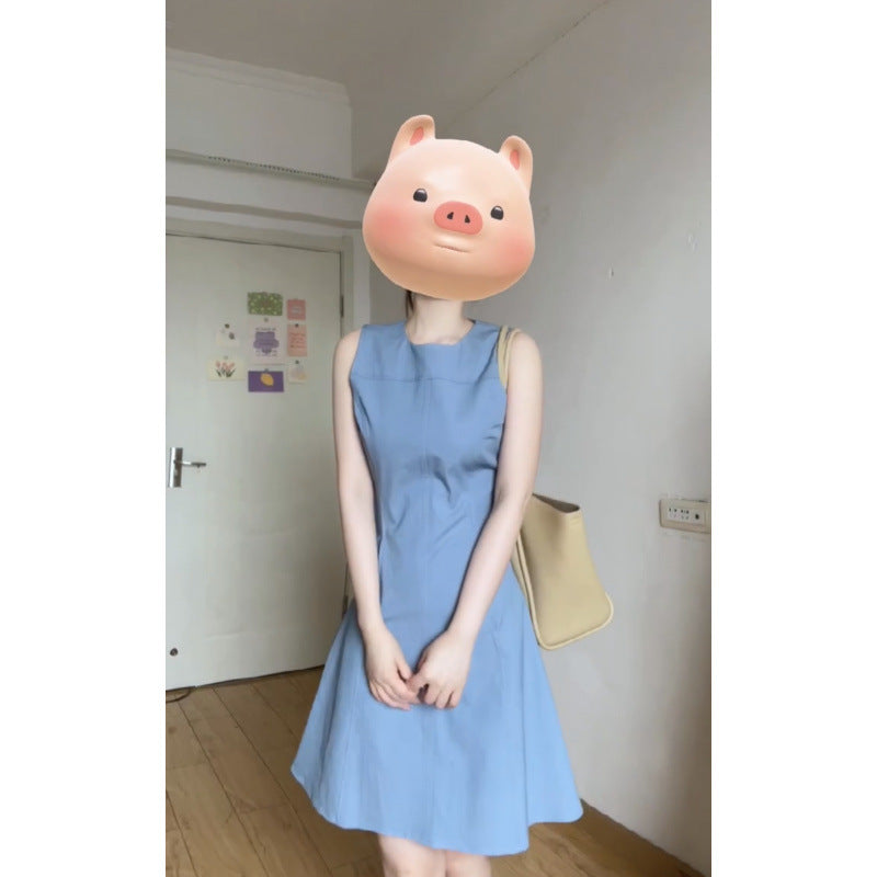 2025 summer new waist round neck dress women's commuting simple temperament slim and thin casual skirt