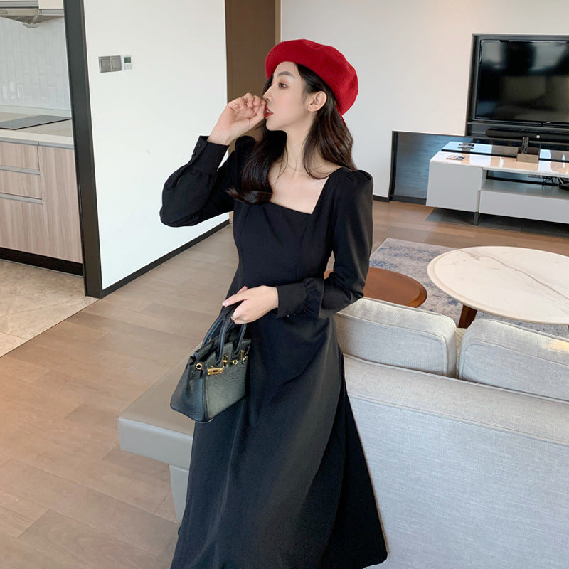 2025 Spring Korean Women's Black Dress Square Neck Retro Hepburn Style Long Dress Long Sleeve Black Dress