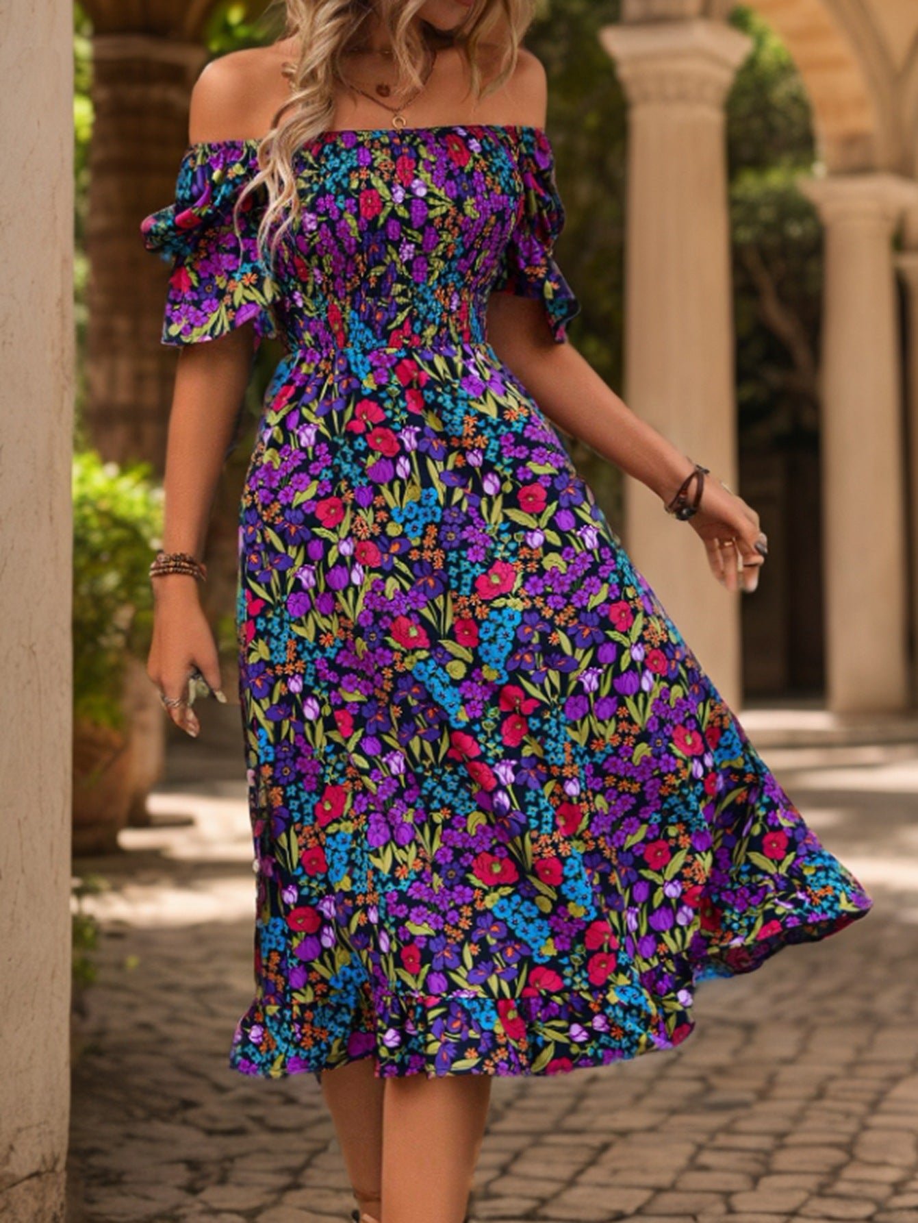 popular Hot Trade Women's Clothing Shoulder Horn Sleeve Medium and Long Dress Printed Short Sleeve Dress
