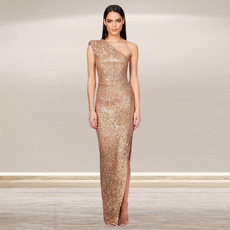 SIXSR 2025 women's one-shoulder split dress, sweet and spicy 2025 trade independent station sleeveless sequin dress