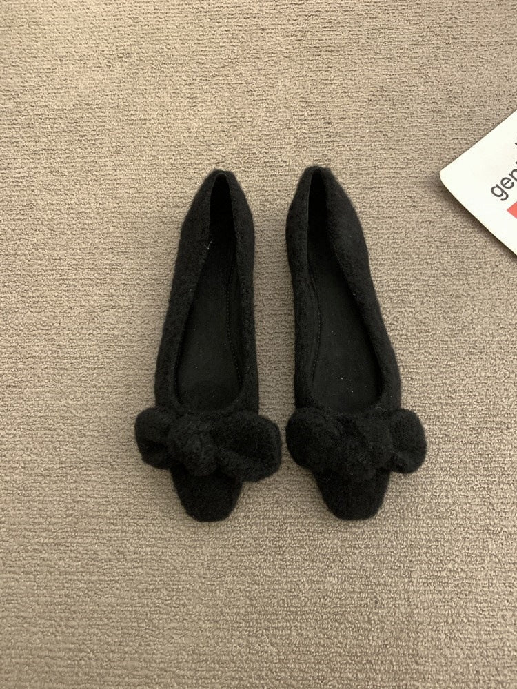 2025 gentle fairy wind fluffy shoes female outer wear popular new square head bow evening soft sole single shoes laden shoes