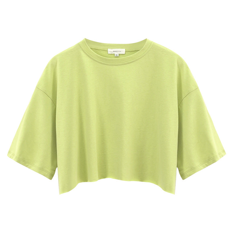 Internet celebrity babes short-sleeved T-shirt women's new cotton T-shirt solid color short navel crew neck sports top tide