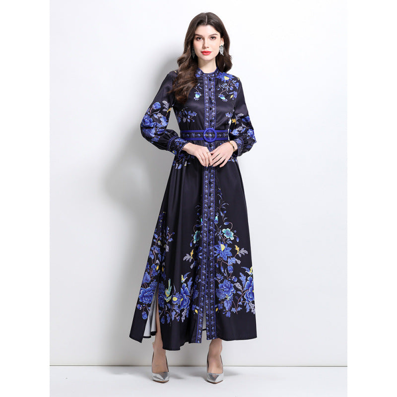 Court style blue and white porcelain printed stand-up collar single-breasted stunning skirt high-end elegant temperament big swing dress women