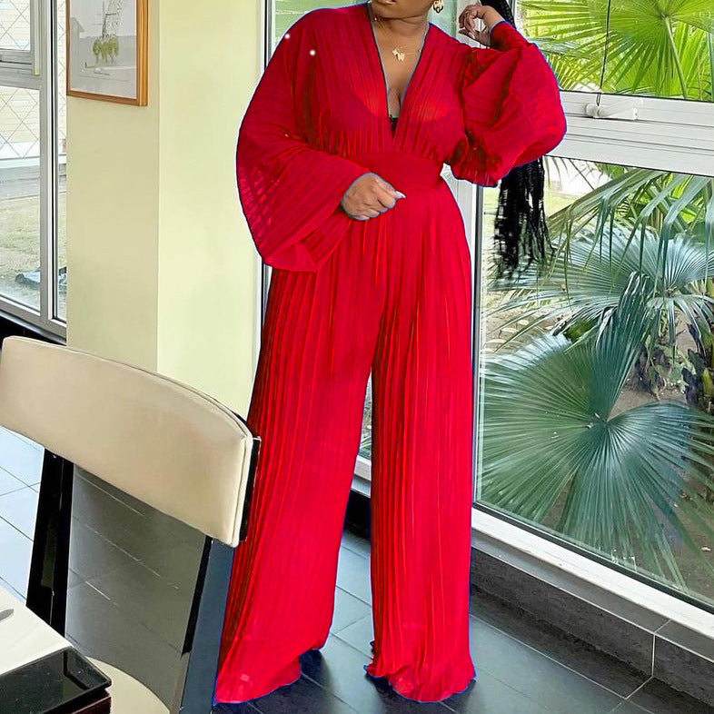 SIXSR D185 Popular trade women's clothing popular new chiffon pleated V-neck top wide-leg pants two-piece set 2025 casual suit