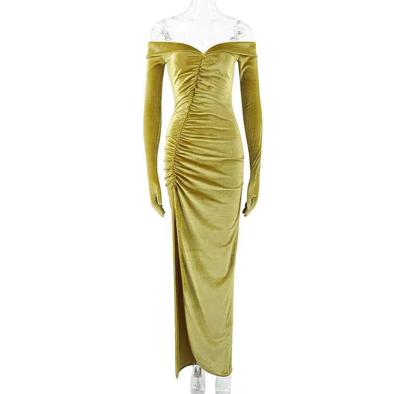 VZYZV 2025 Popular, 2023 autumn and winter new one-word neck chest wrap with gloves long sleeve split pleated dress Popular trade women's clothing