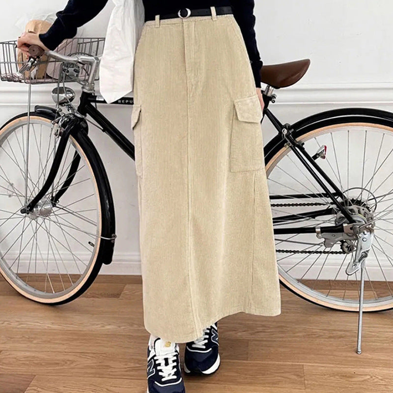Retro corduroy skirt women's spring new pocket design solid color tooling skirt back split long skirt