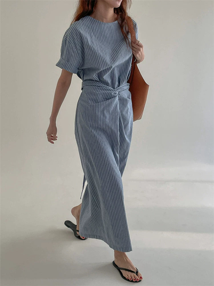 Design cross-strap waist dress women's summer new thin fashion short-sleeved striped long skirt
