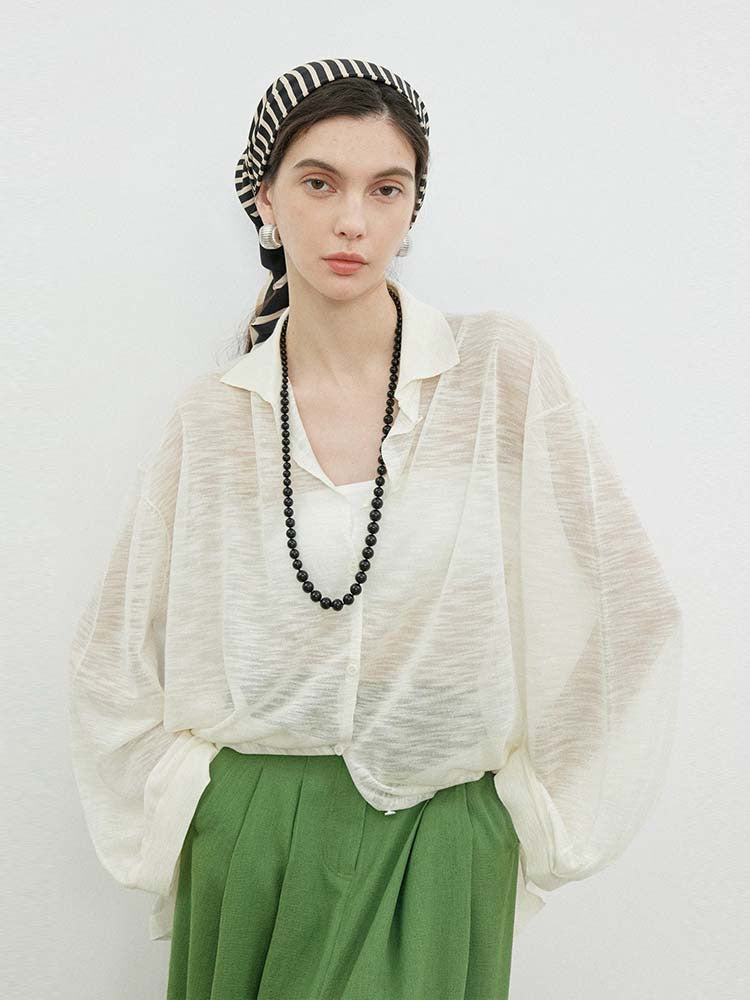 Siyuan, super cool bamboo knuckle hemp texture yarn + simple POLO collar lazy wind silhouette sunscreen shirt women 9018