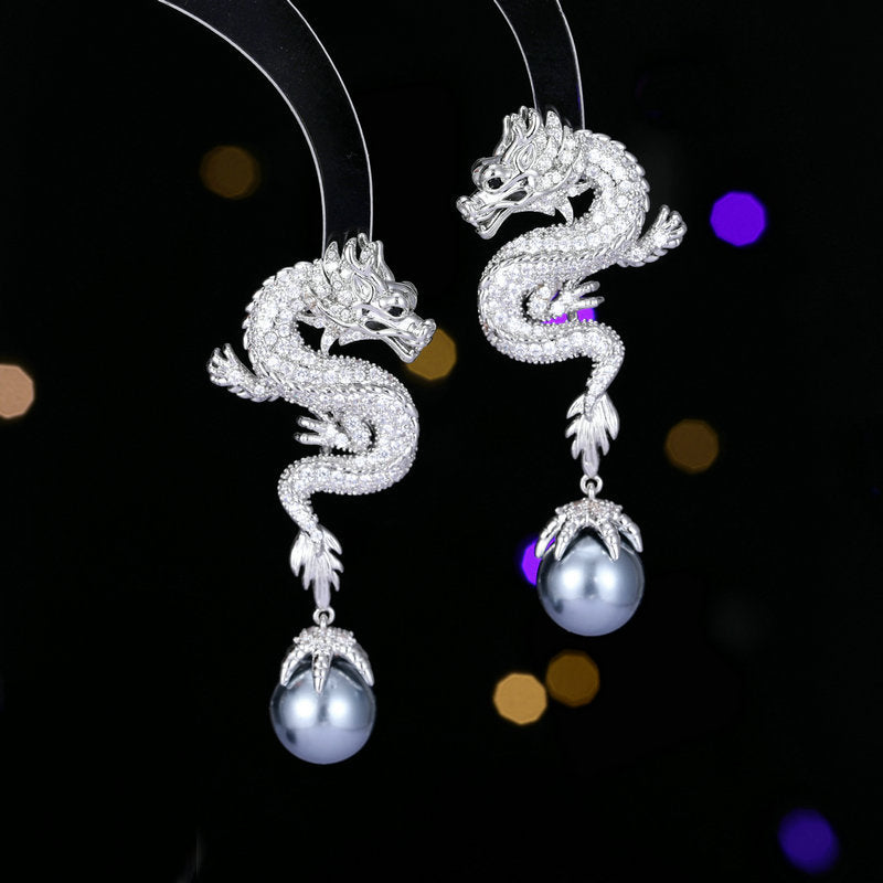 2025 popular Year of the Dragon Zodiac Earrings Pearl China Wind Heavy Industry Zircon Inlay Personality Creative Design Sense Dragon Earrings