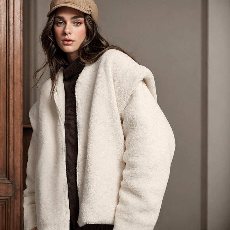 SIXSR D24TP430 2025 women's clothing autumn and winter new solid color casual round neck zipper splicing long sleeve lamb wool jacket women