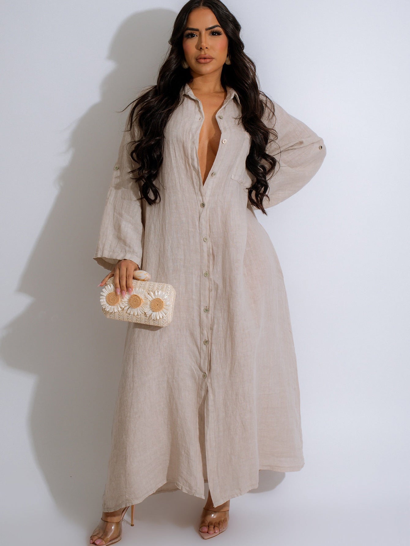 SIXSR T067 Spring and Autumn Casual lapel comfortable dress, fashionable long-sleeved pocket single-breasted shirt dress
