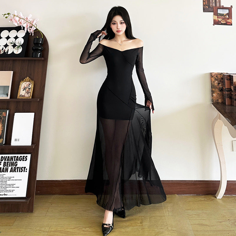 2025 style 2025 spring new women's clothing retro style one-word collar perspective mesh solid color long dress dress
