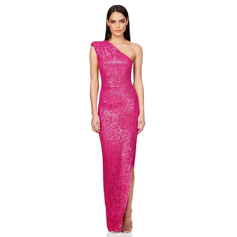 SIXSR 2025 Skirt summer women's clothing INS sleeveless one-shoulder split sequined long dress 2025 temperament dress women's wholesale