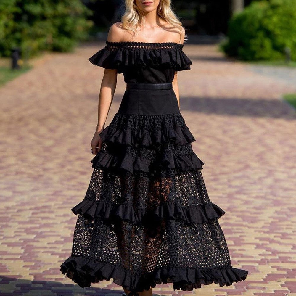 2025 summer new Popular trade women's clothing wish one-word shoulder ruffle edge hollow pendulum lace dress new
