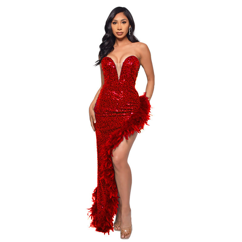SIXSR 2025 OEM women's summer skirt high-end long dress 2025 trade tube top backless sequined feather dress wholesale