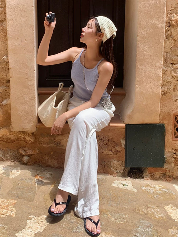 White linen pants children spring and summer old money loose elastic cotton and linen long pants loose casual straight pants
