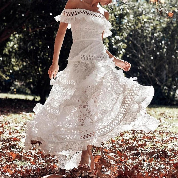 2025 summer new Popular trade women's clothing wish one-word shoulder ruffle edge hollow pendulum lace dress new