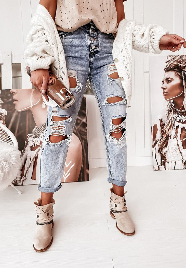2025 Factory direct purchase wish women's jeans casual straight wash hole middle waist jeans women
