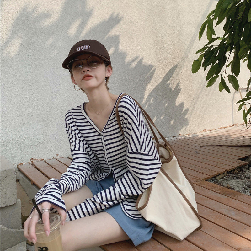 spring new striped knitted sweater, cotton and linen top v-neck air-conditioning sunscreen shirt versatile lazy long-sleeved cardigan