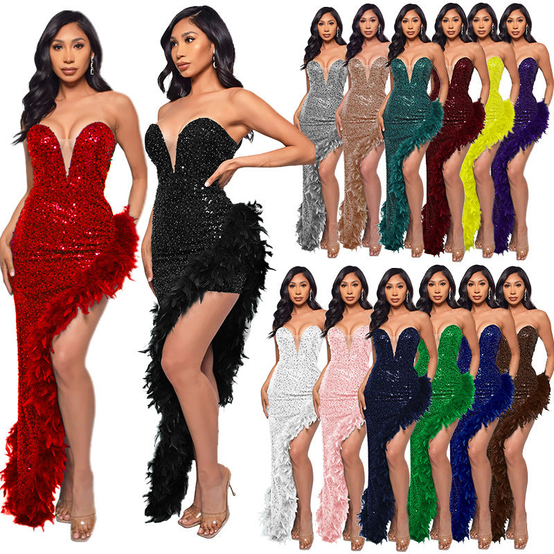 SIXSR 2025 OEM women's summer skirt high-end long dress 2025 trade tube top backless sequined feather dress wholesale