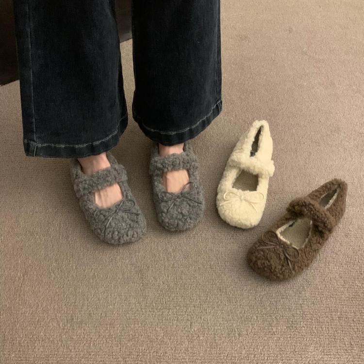 2025 Mao Mao shoes women wear in autumn and winter popular new fairy round head single shoes bow versatile velvet thermal cotton ladyshoes